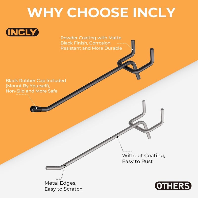 INCLY 120 Pack Black Pegboard Hooks, 4/6/8 Inch Peg Board Shelving Hooks Accessories, Peg Board Tool Hangers Fit for 1/8“ and 1/4" Pegboard Hanging Tools for Garage, Craft Room, Kitchen, Store - Image 3
